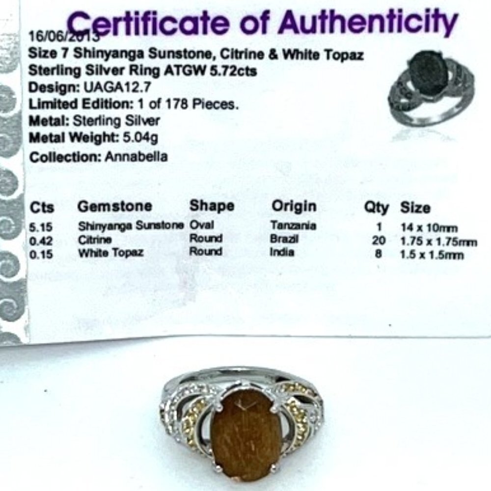 Gemporia Shinyanga Sunstone, Citrine & White Topaz Sterling Silver Ring Size 7